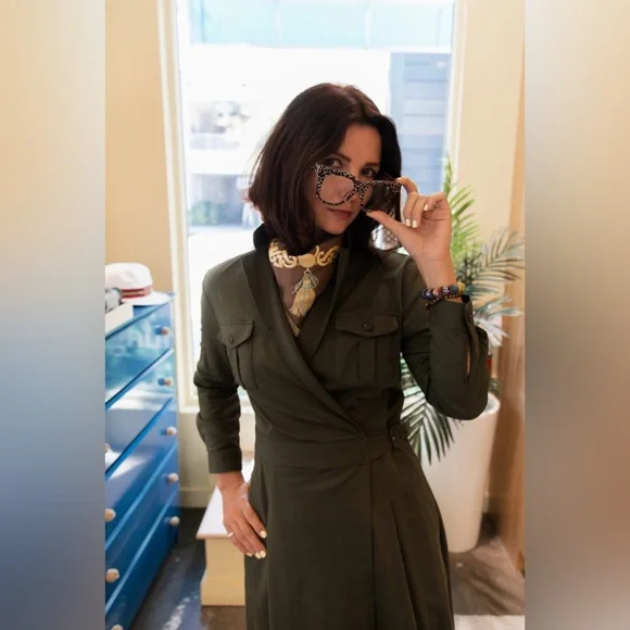 J.McLaughlin Nikita olive green wrap belted utility midi dress size M - Picture 2 of 12